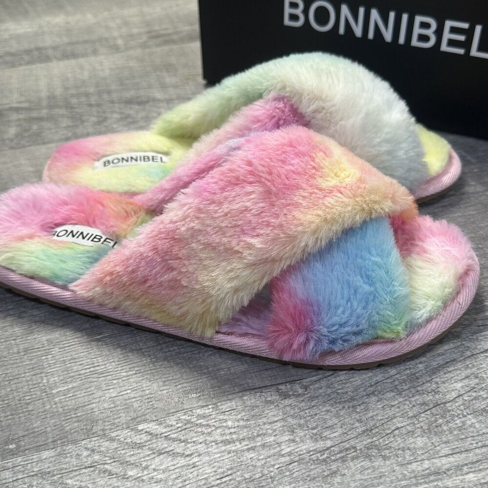 Bonnibel Crossover Slipper NEW Womens 6/7 Rainbow Tie Dye Fluffy Fur Open Toe